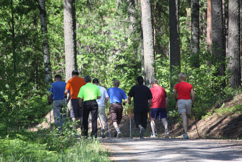 Ryhmä ihmisiä sauvakävelemässä metsässä.