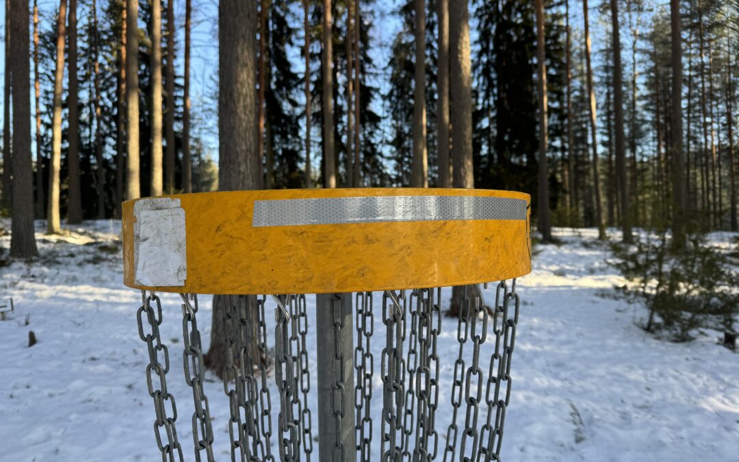 Heijastinnauhalla varustettu frisbeegolf-kori lumisessa metsässä.